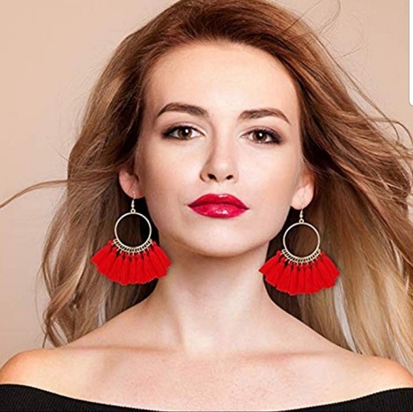 boutique Jewelry - Red Bohemian/Aztec Hoop Tassell Earrings